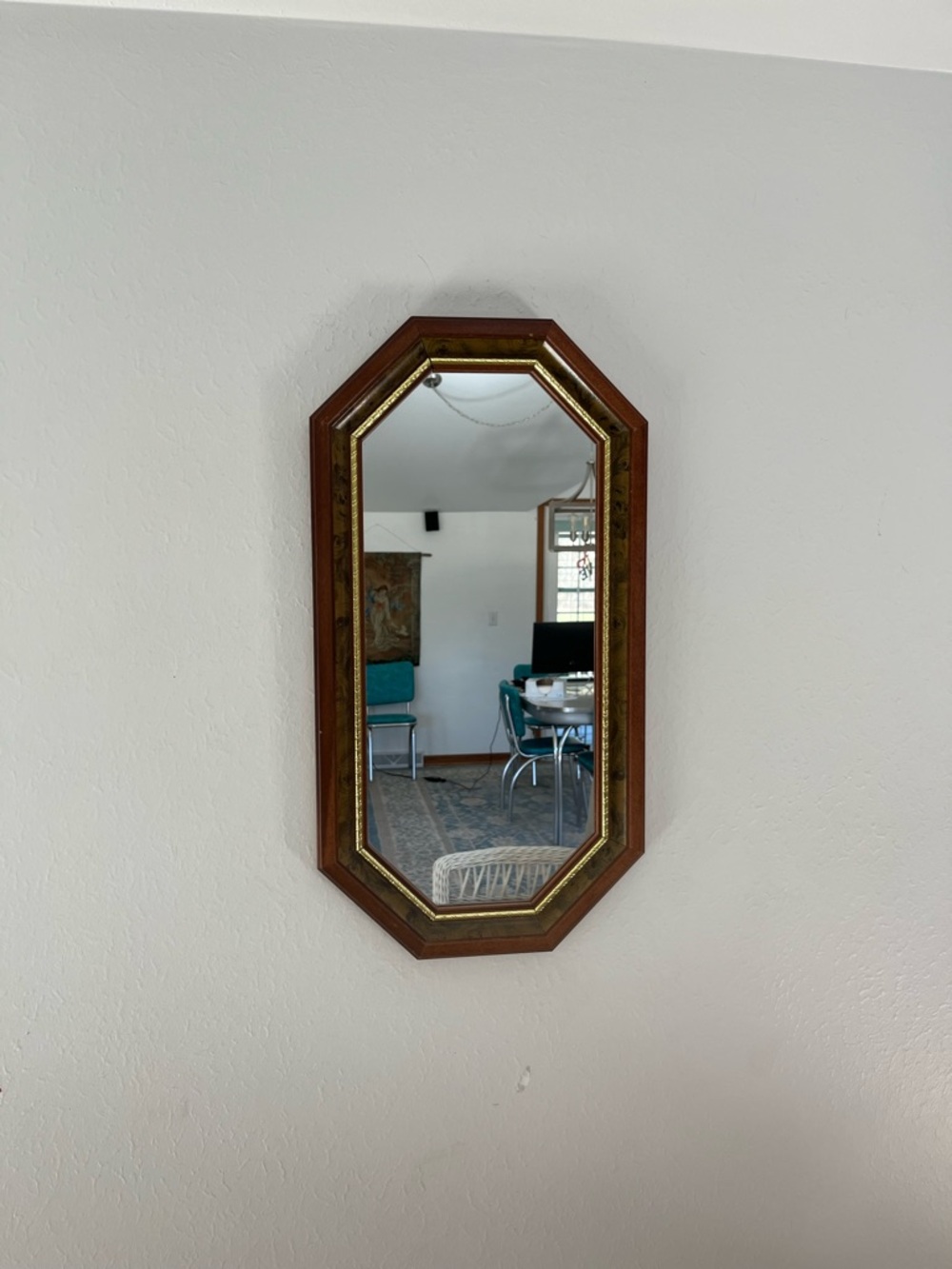 Octagonal Wood Wall Mirror with Gold Trim - Brown